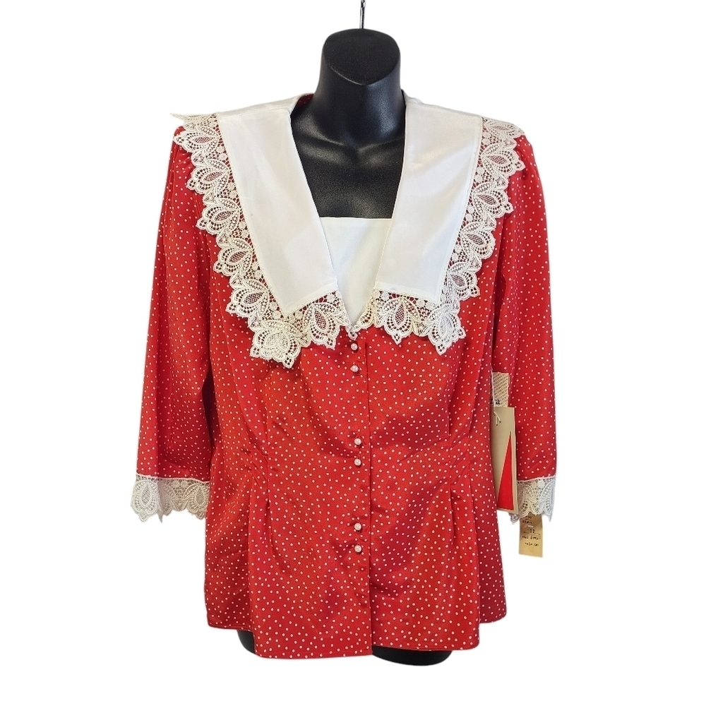 Vintage Nilani Women's Red White Polka Dot Lace Collar Blouse Size 11/12 NWT